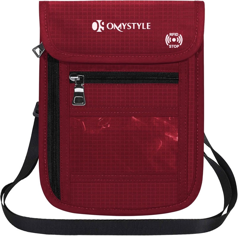 OMYSTYLE Neck Wallet, RFID Passport Holder for Travel, Adjustable Neck Strap, Waterproof Neck Pouch for Men & Women to Keep Cash, Credit Cards and Documents Safe, Red (8x6) - Image 1